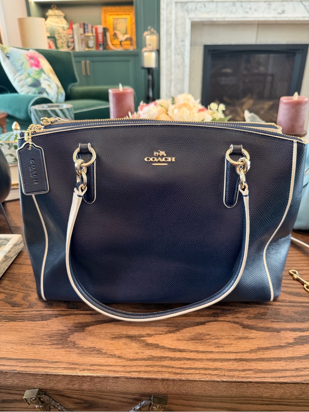 100% Authentic Coach Christie Carryall in Navy Leather with Ivory Trim
